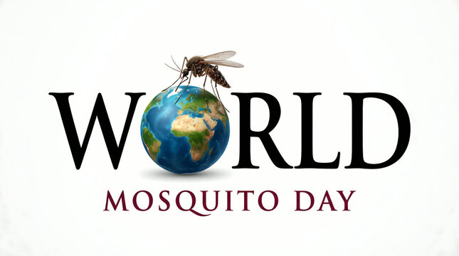 Mosquito sitting on globe with World Mosquito Day text concept against white background