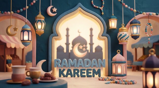 Ramadan Kareem Greeting with Mosque and Lanterns