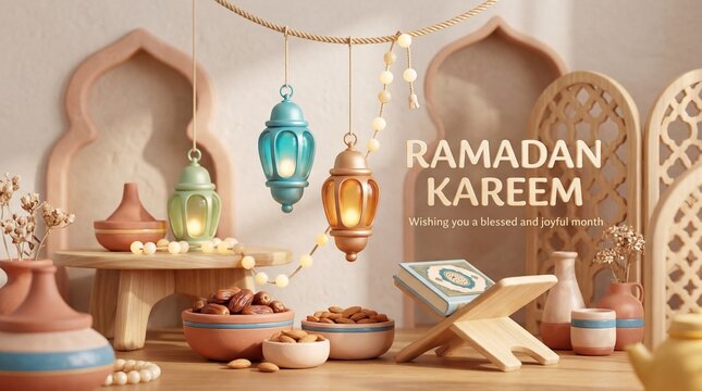 Ramadan Kareem Greeting with Traditional Lanterns and Quran
