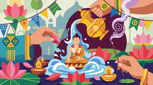 Vesak Day Buddha Bathing Ritual Illustration