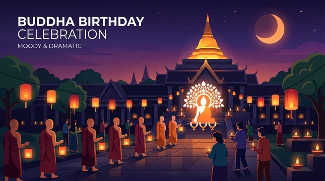 Vesak Day Buddha Birthday Celebration at Night
