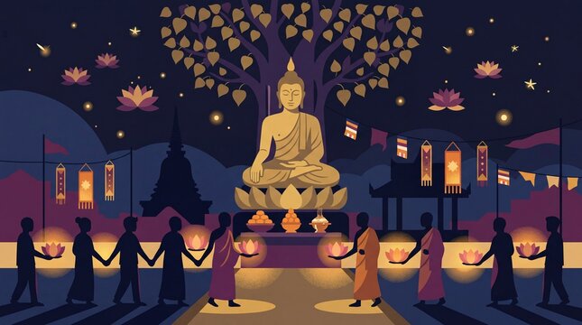 Vesak Day Celebration with Buddha Statue and Devotees