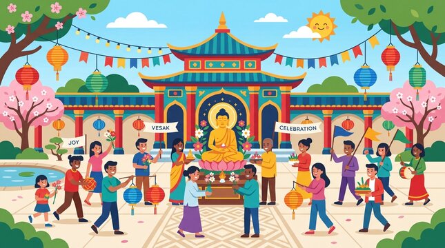 Vesak Day Celebration with People at Buddhist Temple