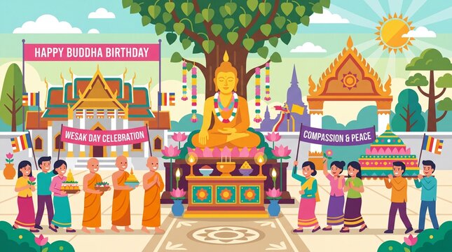 Wesak Day Celebration Illustration with Buddha Statue and People