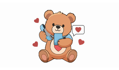 Naklejka premium Teddy Bear Sending Love Message with Phone Cute Cartoon Vector Design