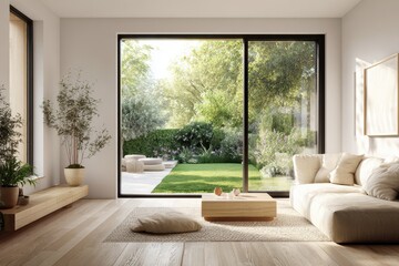 Fototapeta premium Sunlit contemporary lounge featuring open glass doors to a green garden, neutral palette and wooden accents