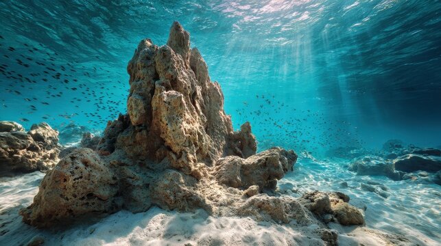 Submerged mountain landscape with coral reefs, schools of fish, and quiet ocean light