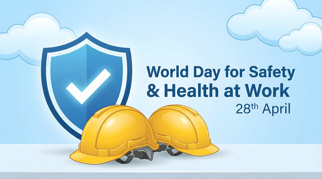 World Day for Safety and Health at Work Celebration with Hard Hats and Shield Icon