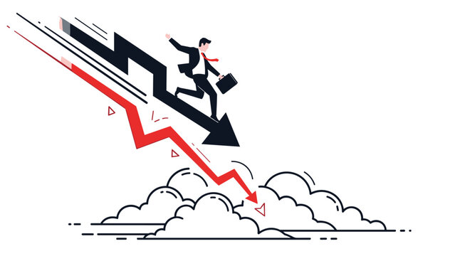 Stressed businessman losing his balance and falling down a jagged black downward trending arrow over white clouds in a business crisis.