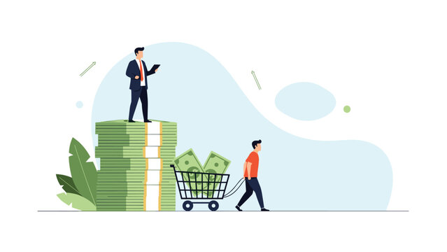 Inequality in wealth showing a businessman standing on a high stack of bills while another man pulls a cart with money in a minimal style.