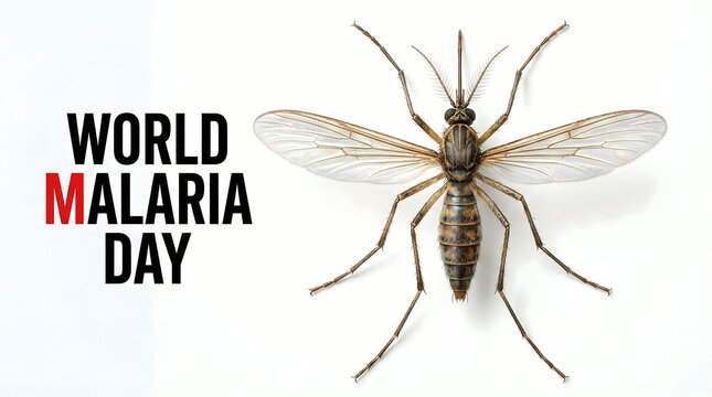 Close-up of mosquito with World Malaria Day text on white background
