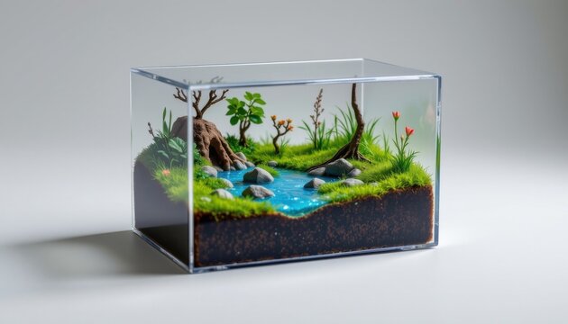 high resolution isolated miniature desktop nature world featuring a mystic swamp inside a clear acrylic box, with tiny glowing elements, tiny rocks and natural debris, and mini wind swept grass