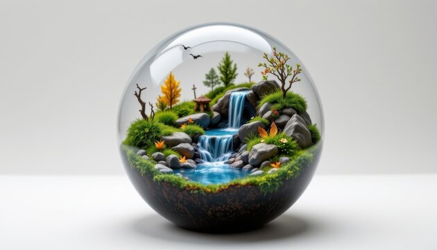high resolution isolated miniature desktop nature world featuring a waterfall basin inside a floating orb, with tiny glowing elements, tiny flowing water streams, and mini wind swept grass