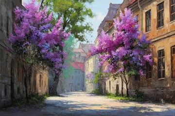 Fototapeta premium Sunny city street with blooming trees and soft light. Spring urban lifestyle and peaceful atmosphere. 