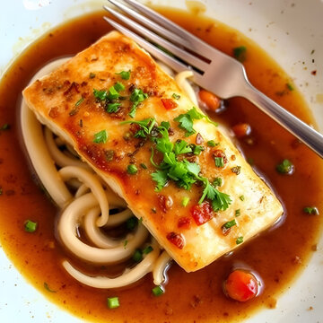 A photo of a braised swordfish side dish.