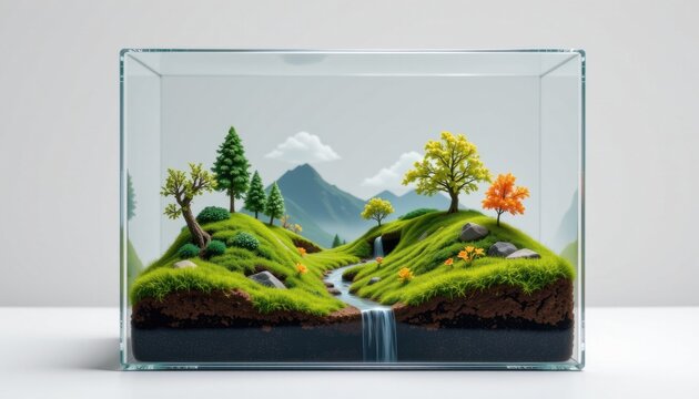 high resolution isolated miniature desktop nature world featuring a moss valley inside a clear acrylic box, with mini clouds or fog effects, subtle seasonal color variation