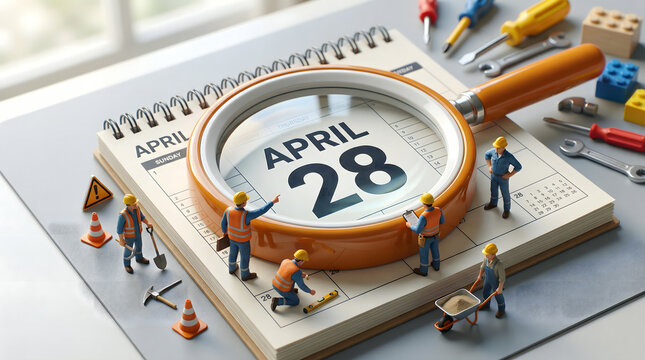 Miniature construction workers inspecting April 28 calendar date with magnifying glass