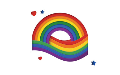 Paper art style vector illustration of diverse people celebrating Pride Month with a large rainbow heart, hot air balloon and flag. Love and diversity concept.
