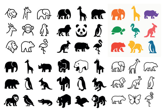 Wildlife icons with elephant giraffe panda outline