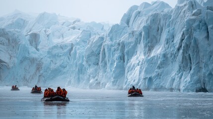 Fototapeta premium Tourists in orange life jackets navigate inflatable boats near a massive glacier in a serene icy landscape with towering blue ice formations and calm water