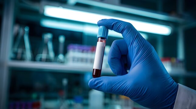 Medical professional holding a blood sample vial while conducting research inside a modern clinical laboratory setting