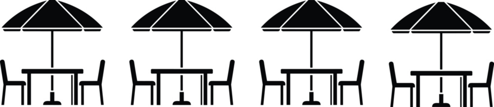 Black silhouette vector illustration of outdoor cafe terrace set with patio umbrellas, garden tables, and chairs for summer restaurant furniture design and architectural site planning.