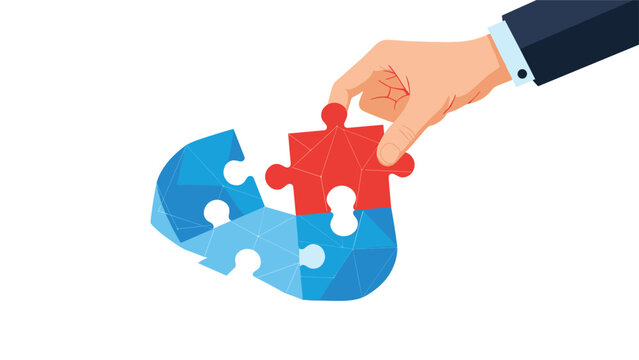 Large hand in a suit connects a red jigsaw puzzle piece to a larger blue puzzle representing problem solving and partnership.