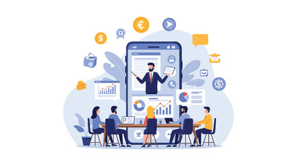 Fototapeta premium Business people attending a professional online training session through a large smartphone screen featuring a speaker and financial charts.