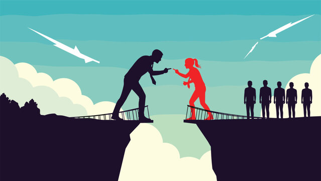 Silhouettes of a man and a woman on broken bridges point fingers at each other across a deep canyon during a conflict.