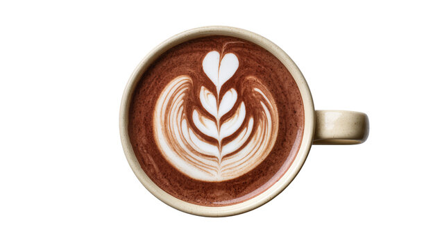 Top view of a ceramic mug filled with rich hot chocolate, featuring beautiful heart and rosetta latte art, isolated PNG on transparent background for beverage menus and cozy designs
