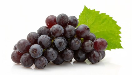 Fototapeta premium A close-up shot of a bunch of black grapes with a green leaf