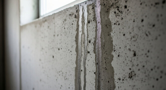 Water dripping down concrete wall near window. Signs of moisture leak and building damage. Indoor home repair and maintenance concept for construction issues
