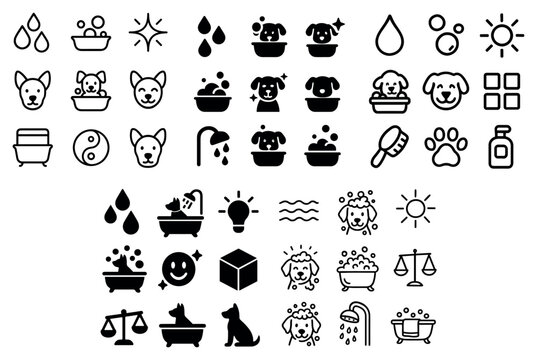 Pet care icons with dog bath paw minimal