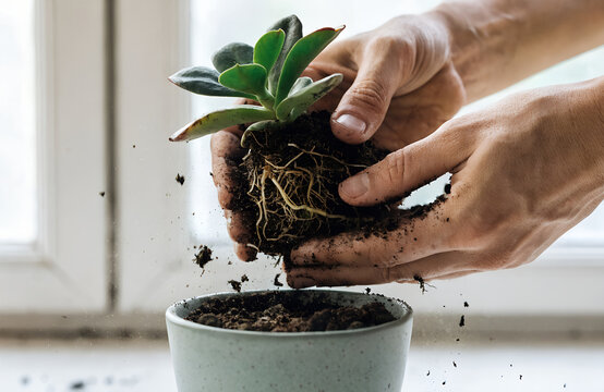 Hands Transplanting Plant into New Pot, Growth and Change Concept