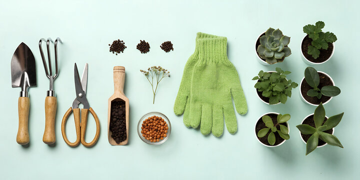 Gardening Tools Flat Lay on Pastel Background, Spring Preparation