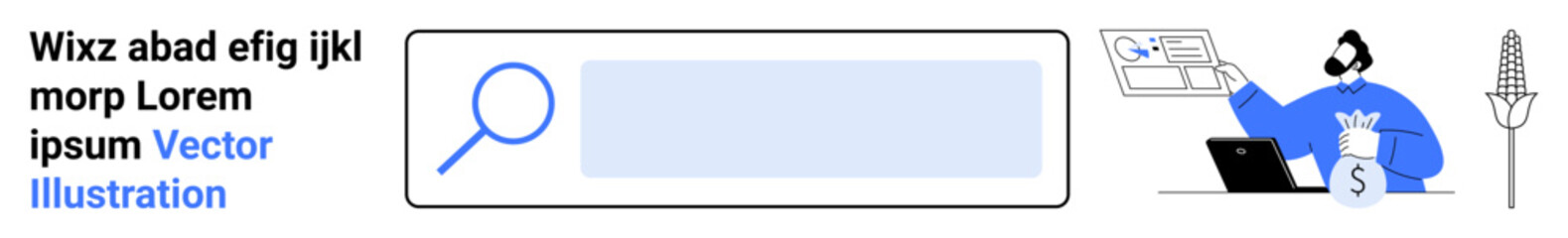 Obraz premium Digital marketing, online search, SEO workflow, internet research, user interaction, content optimization. magnifying glass, web interface and user with devices. SEO and online search concepts are