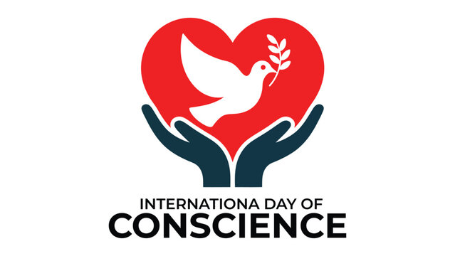 International Day of Conscience concept with dove and heart in hands symbol peace compassion humanitarian support awareness design isolated on light background