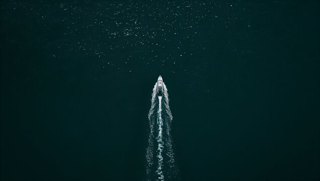 A boat navigating through water, leaving a trail behind