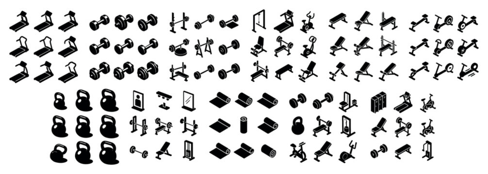 Fitness icons with dumbbell kettlebell treadmill flat