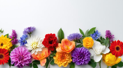 Obraz premium An assortment of colorful blooming flowers including gerbera daisies and dahlias are arranged along the bottom edge of a bright white background with leaves.
