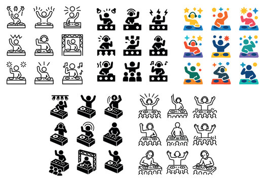 Music icons with dj deck and crowd colorful flat