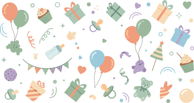 Colorful Baby Shower Celebration Pattern with Balloons Gifts Cupcakes Pacifiers and Decorative Elements for Party Invitation Background and Festive Design.