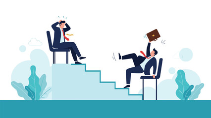 Fototapeta premium Competitive business environment showing two men on a staircase of chairs where one person is falling down representing career failure.