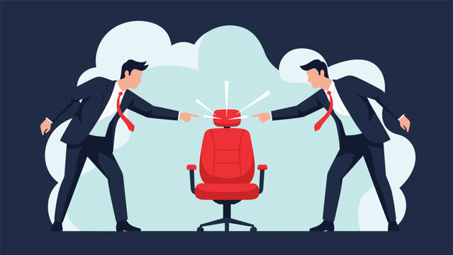 Two competitive businessmen pointing fingers at each other over an empty red office chair represents office politics and leadership struggles.