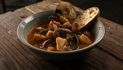 Fototapeta premium Delicious seafood bouillabaisse stew with mussels, clams, and crusty bread on a rustic wooden table, perfect for a hearty meal.