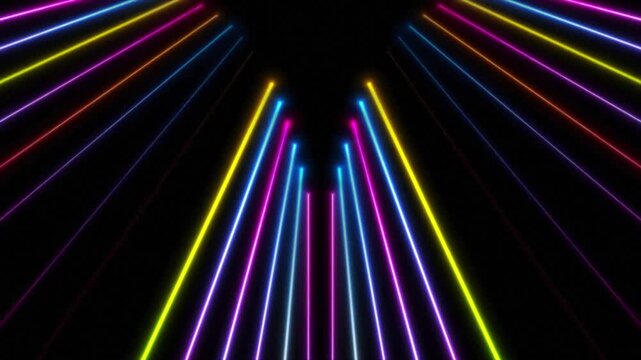 Vibrant retro style background with multicolored neon light rays forming a V-shape perspective on a black backdrop.