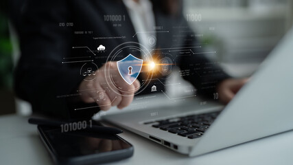 Fototapeta premium Cyber security interface with biometric and AI-powered protection system. Cyber security secures access, cybersecurity protects identity, cybersecurity detects threats, and defends data. Latch