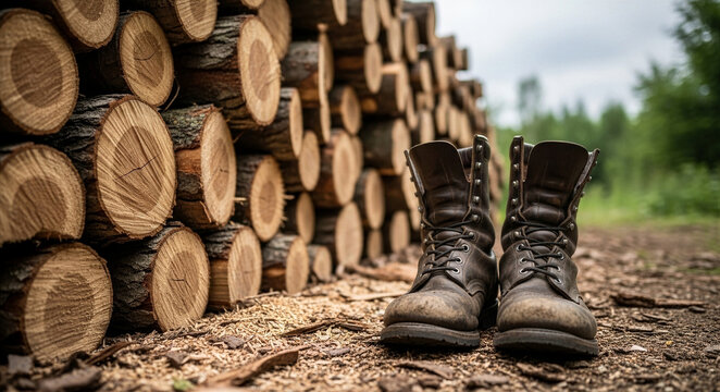 Work boots on dirt path near stacked wooden logs in forest. Outdoor footwear for lumberjack in timber industry. Rugged nature labor and forestry work concept