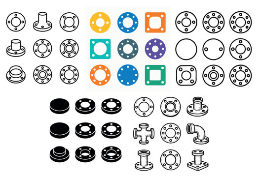 Plumbing icons with flange pipe connectors outline