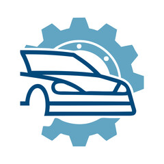 Logo taller mecánico. Dibujo con líneas de un vehículo de lujo con la silueta de un engranaje  © teracreonte